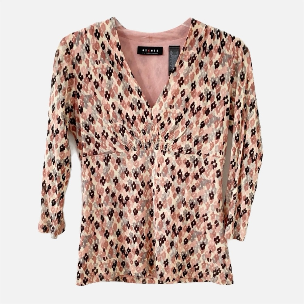 Axcess Liz Claiborne Three Quarter Sleeve Pullover Lined Floral V-neck Top